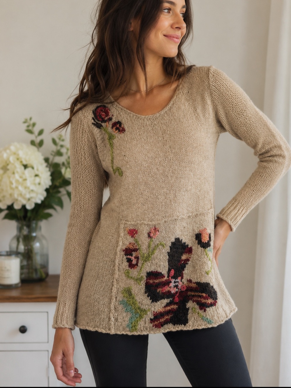 Free People Beige Scoop Neck Sweater with Floral Embroidery